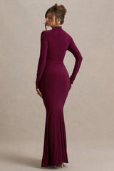 Pietra | Berry High-Neck Long Sleeve Knot Maxi Dress