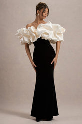 Cecily | Black Velvet Bardot Maxi Dress With Satin Ruffle Trim