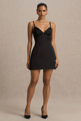 Elara | Black Satin Plunge-Neck Mini Dress