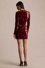Ritz | Burgundy Sequin Plunge-Neck Mini Dress With Long Sleeves