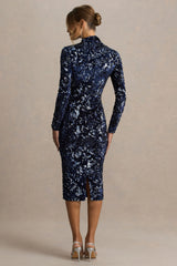Alanita | Navy Velvet And Sequin Embellished High-Neck Midi Dress With Long Sleeves