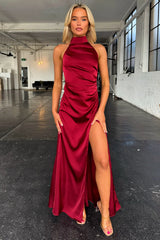 Arabelle High Neck Satin Maxi Dress - Burgundy