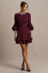 Mirna | Burgundy Crew-Neck Mini Dress With Bell Sleeves And Ruffled Detailing