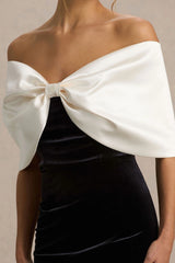 Twilight | Black And White Velvet Bardot-Neck Midi Dress With Oversized Satin Bow