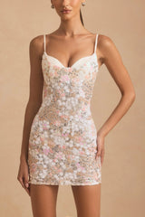 Embellished Camisole Bodycon Mini Dress in Ivory