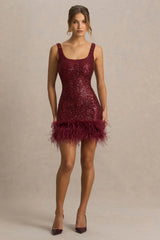 Rosalinda | Burgundy Sequin Square-Neck Mini Dress With Feather Trim