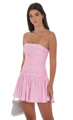 Matte Satin Strapless Ruched Flare Dress in Pink