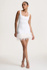 Rosalinda | White Sequin Square-Neck Mini Dress With Feather Trim