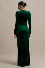 Fay | Bottle Green Velvet Corset Style Knot Maxi Dress