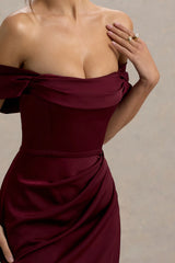 Annie | Burgundy Satin Bardot Maxi Dress With Split Wrap Skirt
