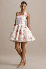 Peggy | Cream and Pink Halter-Neck Skater Mini Dress