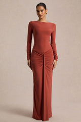 Matilda | Rust Boat-Neck Maxi Dress With Ruched Detailing