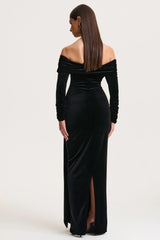 Jessara | Black Bardot-Neck Maxi Dress With Knot-Details