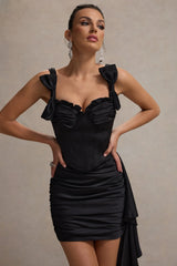 Lesina | Black Satin Ruched Corset Mini Dress With Drape