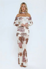 Garden Haze Off Shoulder Mesh Maxi Dress Floral