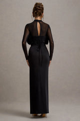 Alder | Black Mesh Long-Sleeve Ruffled Split Maxi Dress