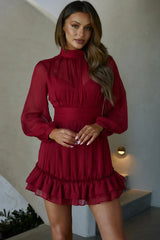Mandalay High Neck Long Sleeve Waistband Dress Wine