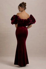 Cecily | Port Velvet Bardot Maxi Dress With Velvet Ruffle Trim