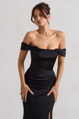 Kimberly | Black Bardot Satin Maxi Dress