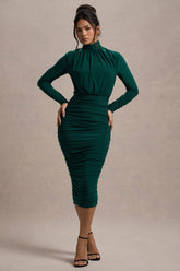 Dasha | Bottle Green Ruched High-Neck Long-Sleeve Midi Dress