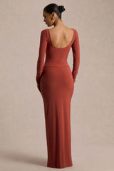 Matilda | Rust Boat-Neck Maxi Dress With Ruched Detailing