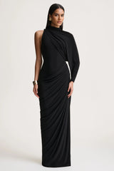 Aphra | Black High-Neck Maxi Dress With Cape-Sleeve