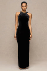 Darya | Black Velvet Embellished High-Neck Maxi Dress