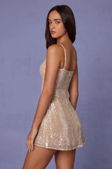 Embellished V-neck Lace Mini Dress in Pale Peach