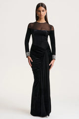 Perrin | Black Velvet Crew-Neck Maxi Dress With Embellished Cuffs