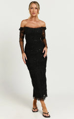 Evelyn Midi Dress Long Sleeve Shirred Tulle Dress in Black Polka