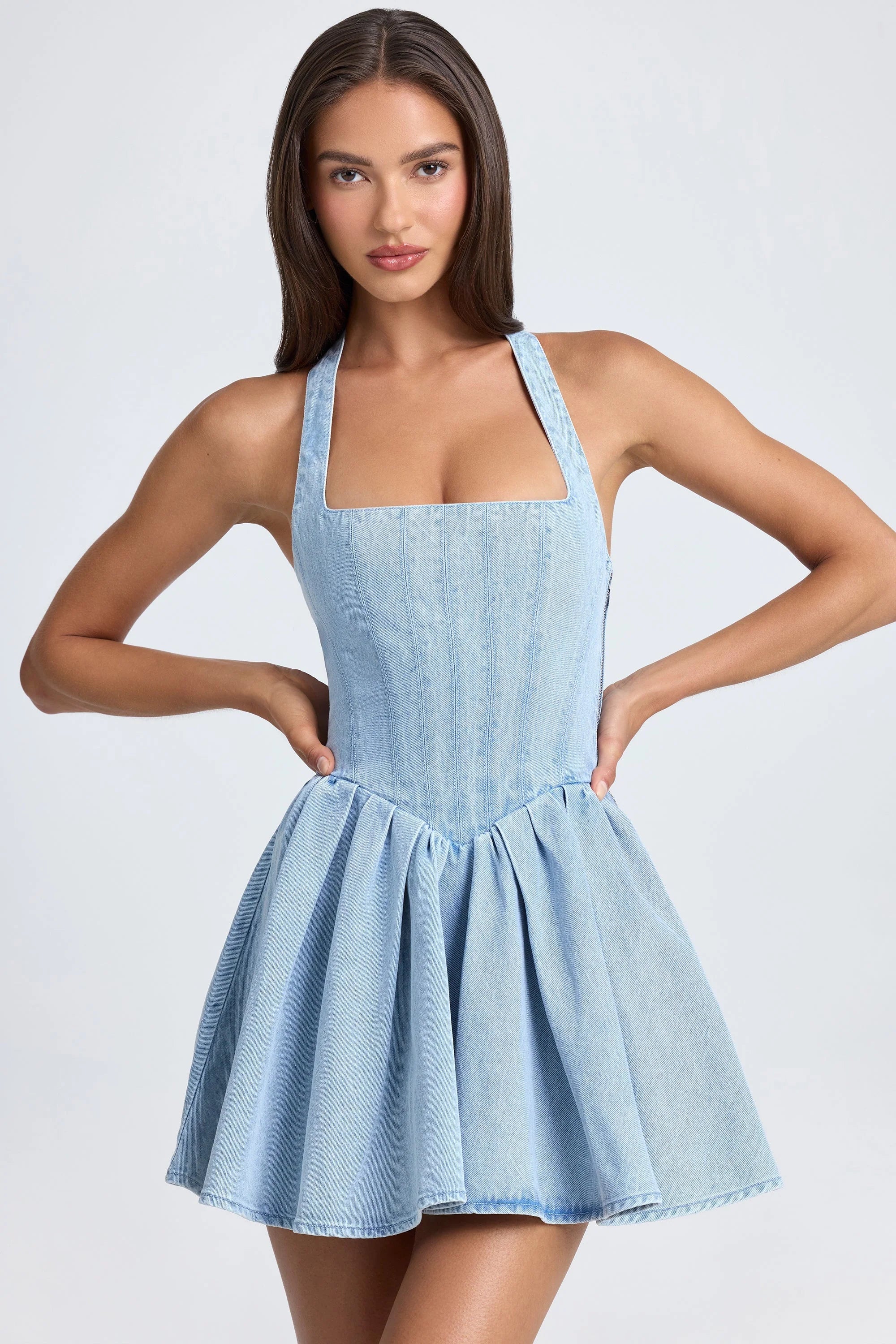 Halterneck Corset Micro Mini Dress in Light Blue Stonewash