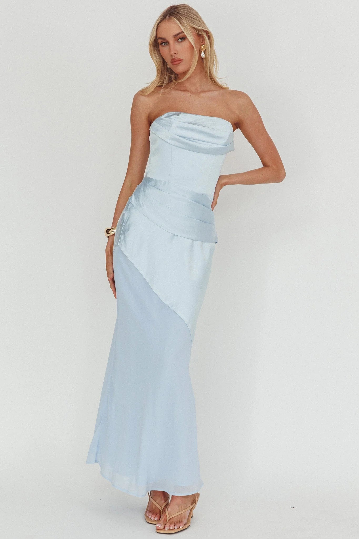 Moon Aura Pleat Detail Strapless Maxi Dress Blue