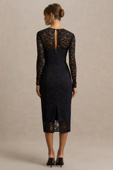 Alissa | Black Lace Square-Neck Midi Dress
