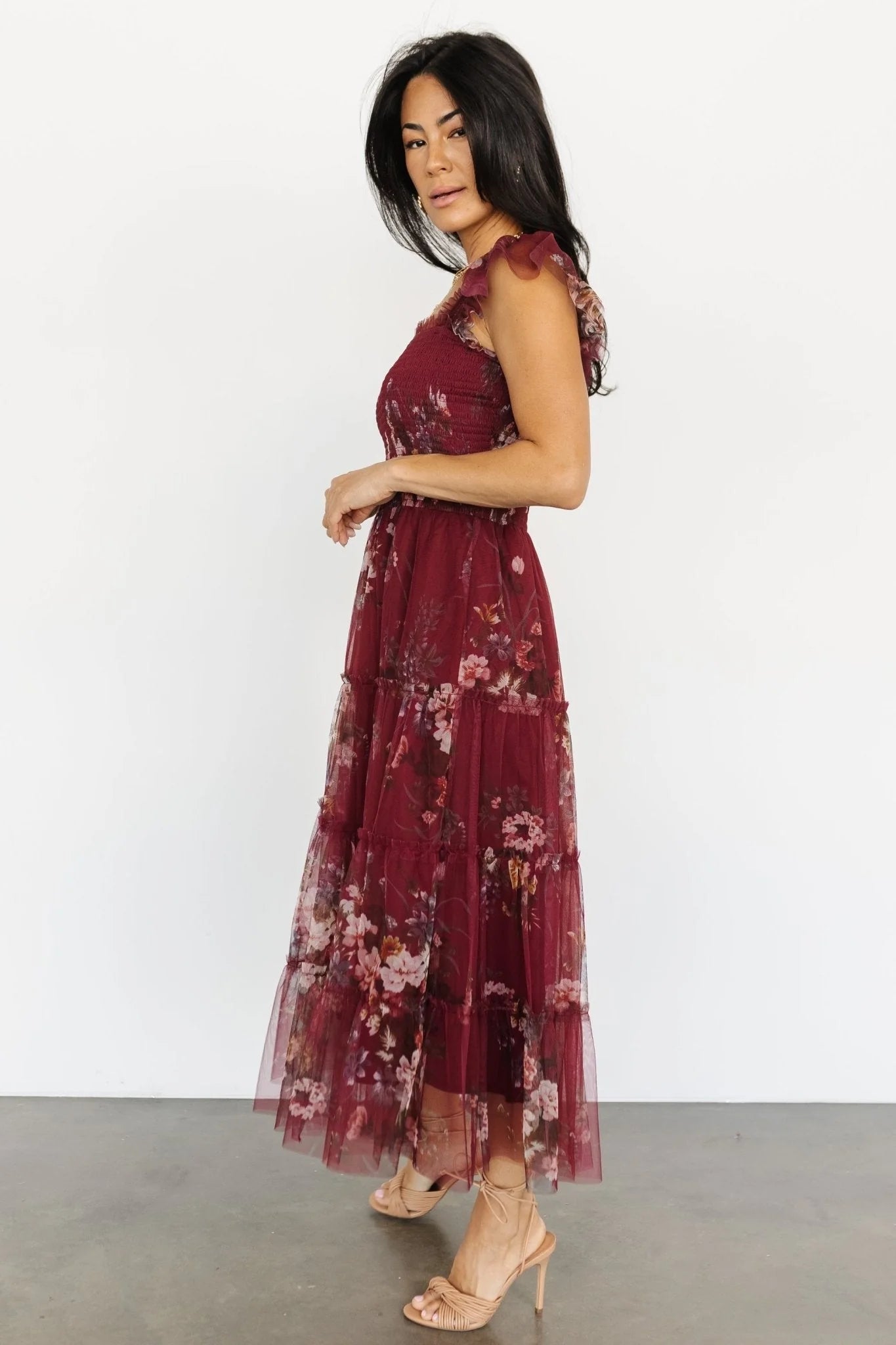 Clementine Tulle Midi Dress | Wine Multi