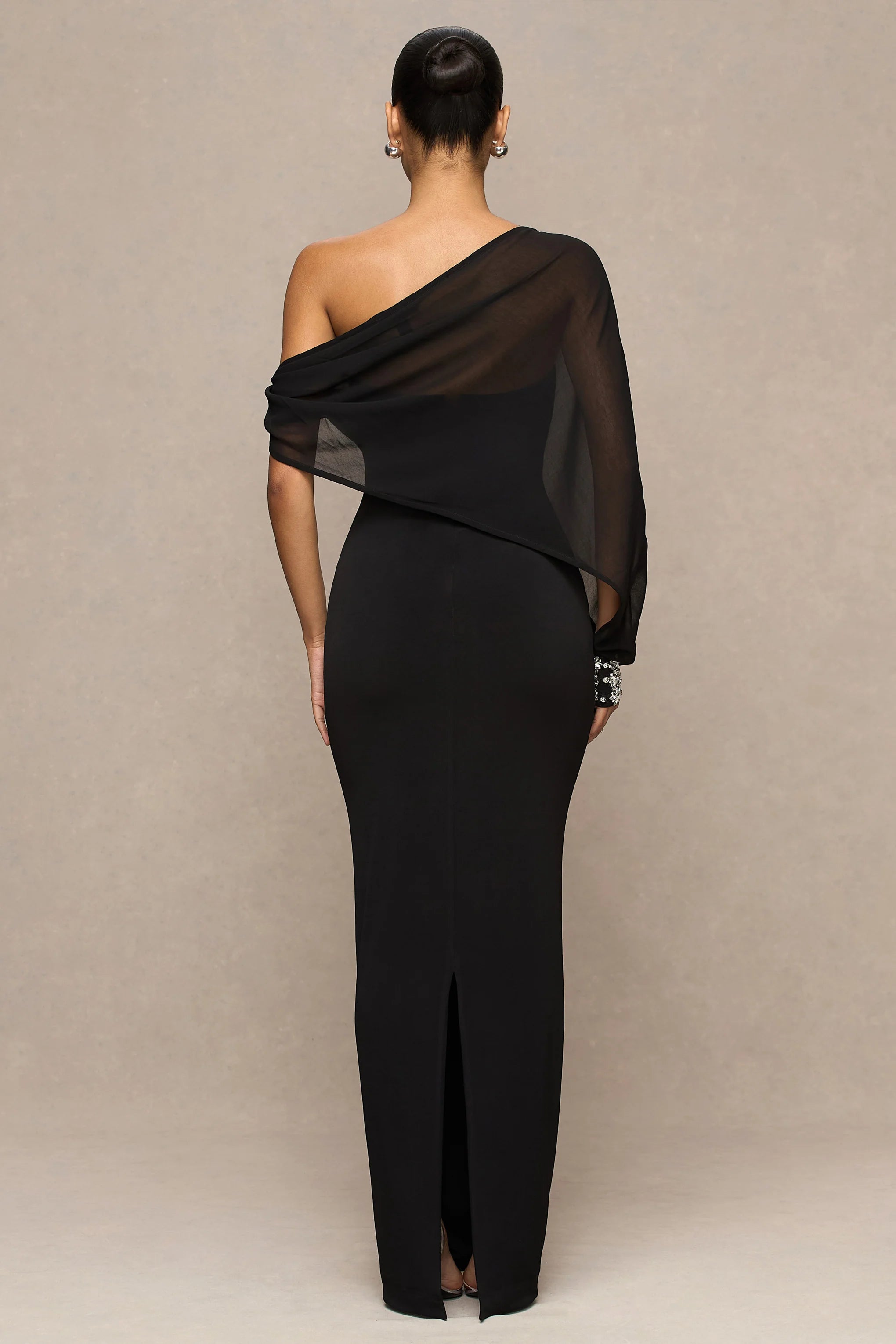 Milania | Black Asymmetric-Neck Maxi Dress With Twist-Sleeve