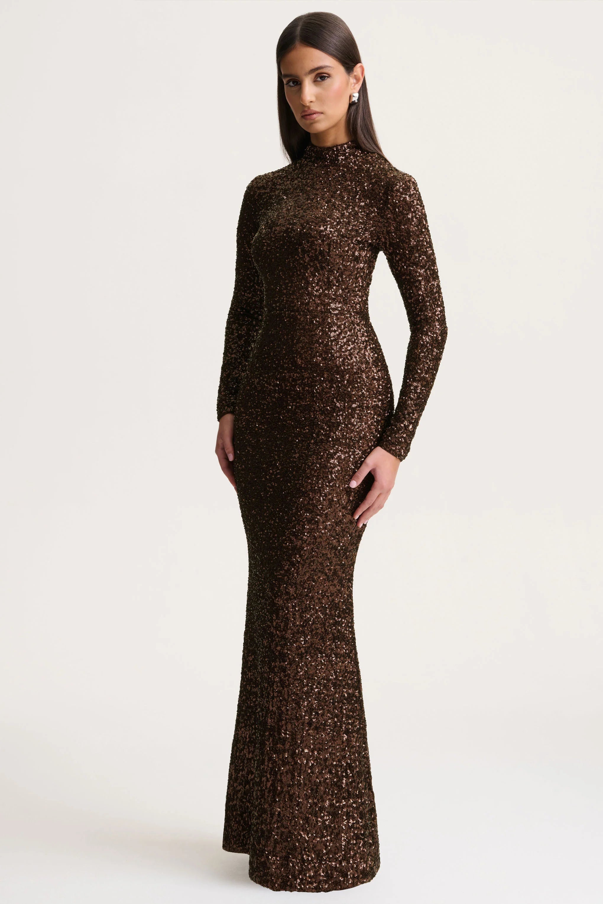 Galaxy | Brown Sequin Turtle-Neck Long-Sleeve Maxi Dress