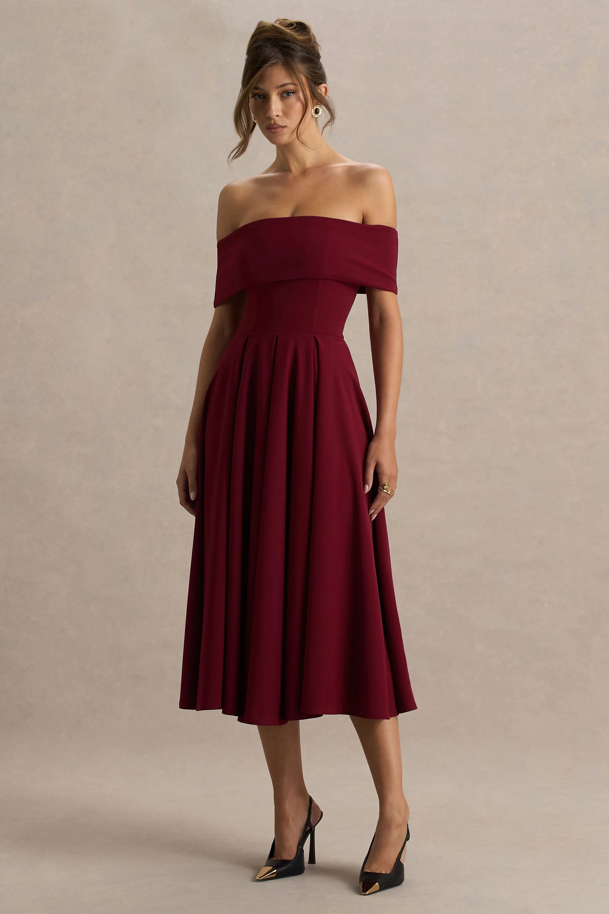 Isabella | Burgundy Bardot-Neck Midi Dress
