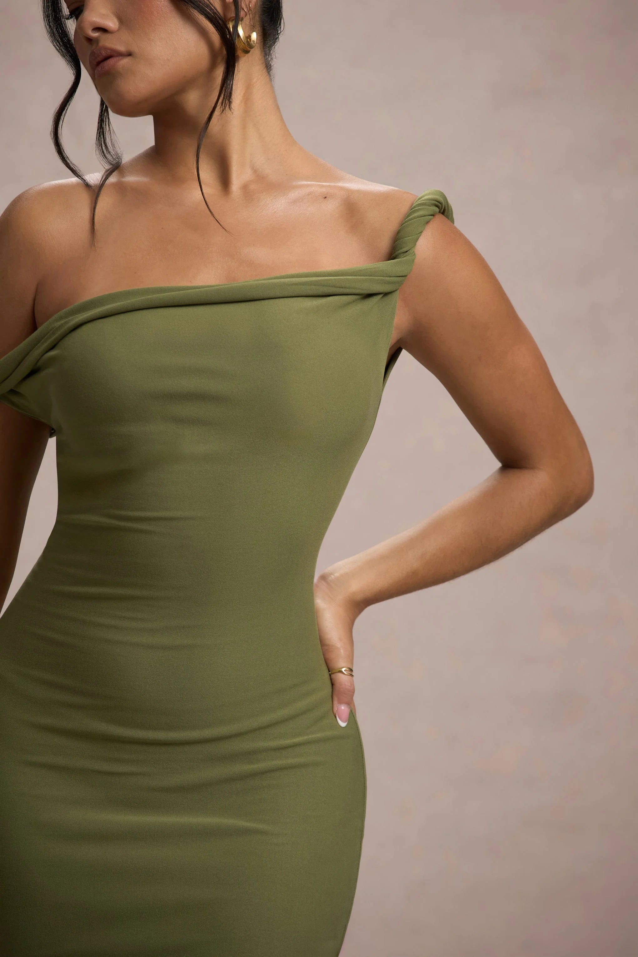 Salome | Olive Twisted Asymmetric Midi Dress