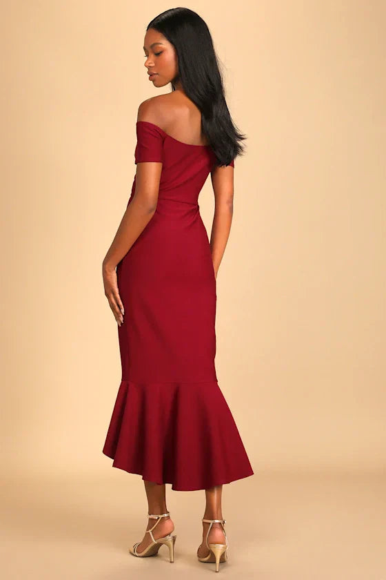 How Much I Care Wine Red Off-the-Shoulder Midi Dress