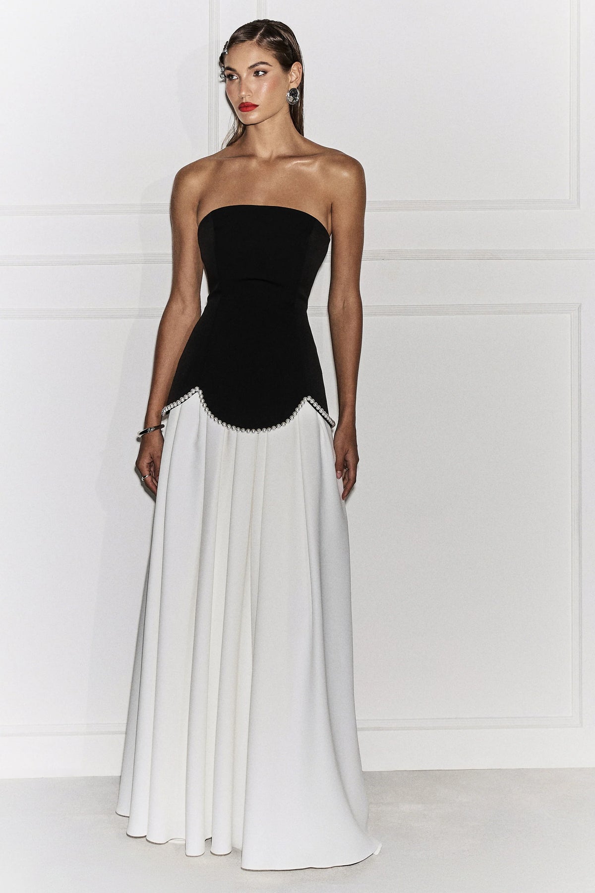 Wendy | Black And White Maxi Dress With Drop-Waist And Pearl Embellishment