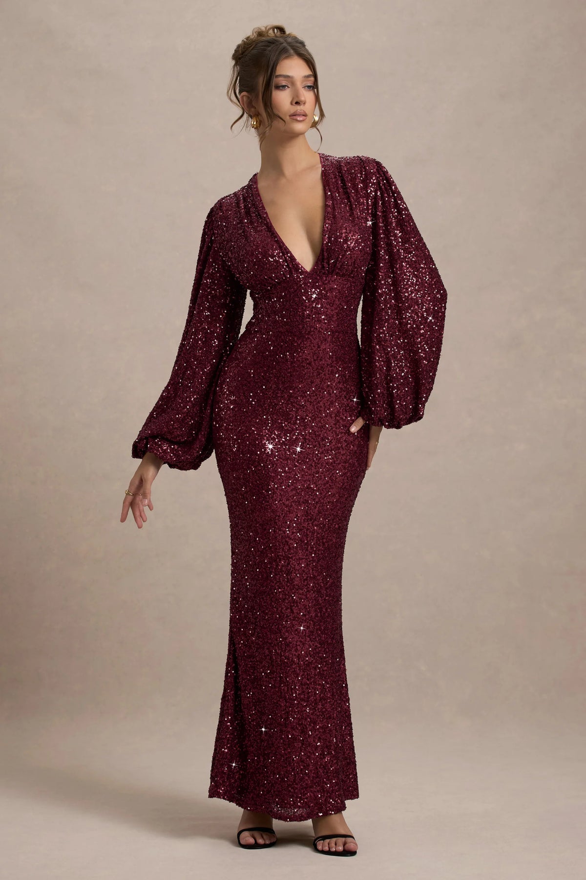 Kaelin | Berry Sequin Plunge-Neck Maxi Dress