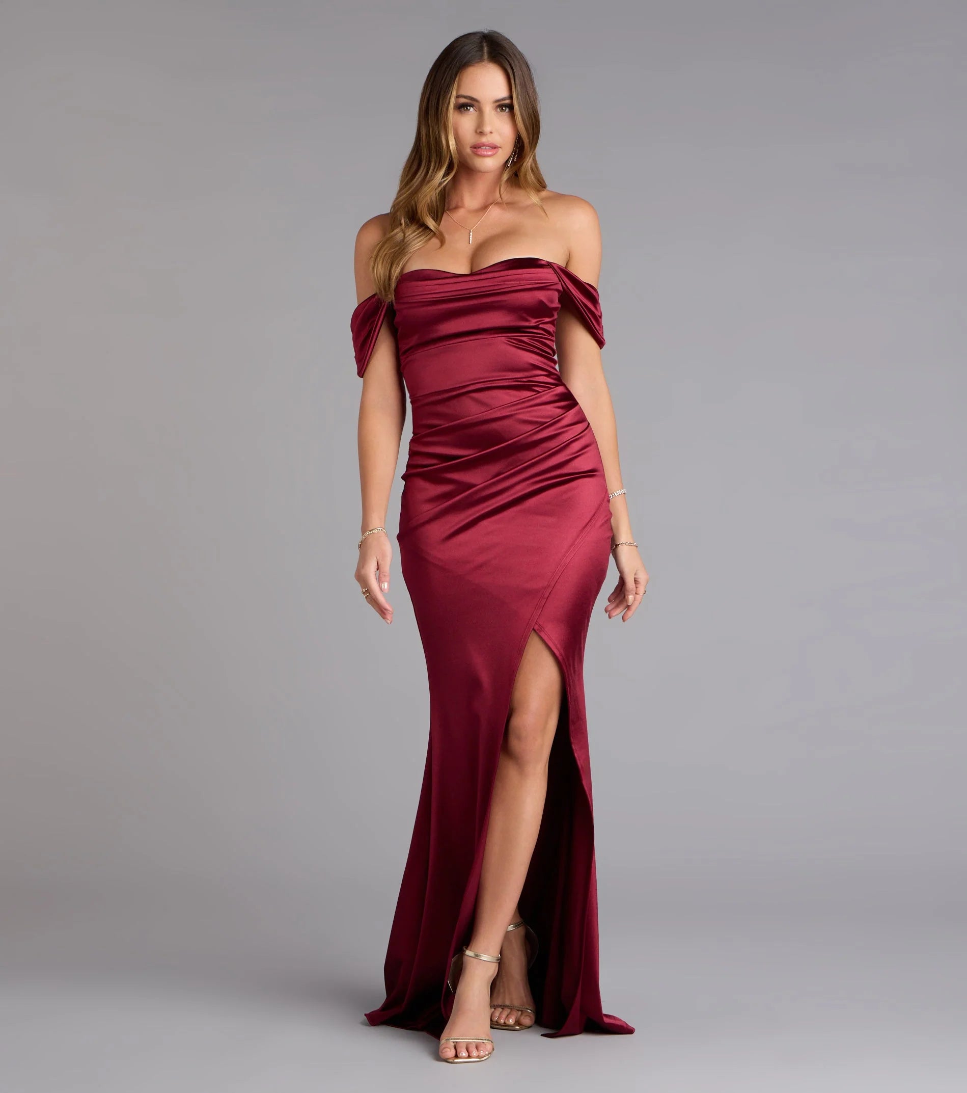 Belinda Off-The-Shoulder Slit Satin Formal Dress