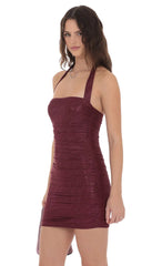 Ruched Foil Mesh Bodycon Dress in Burgundy