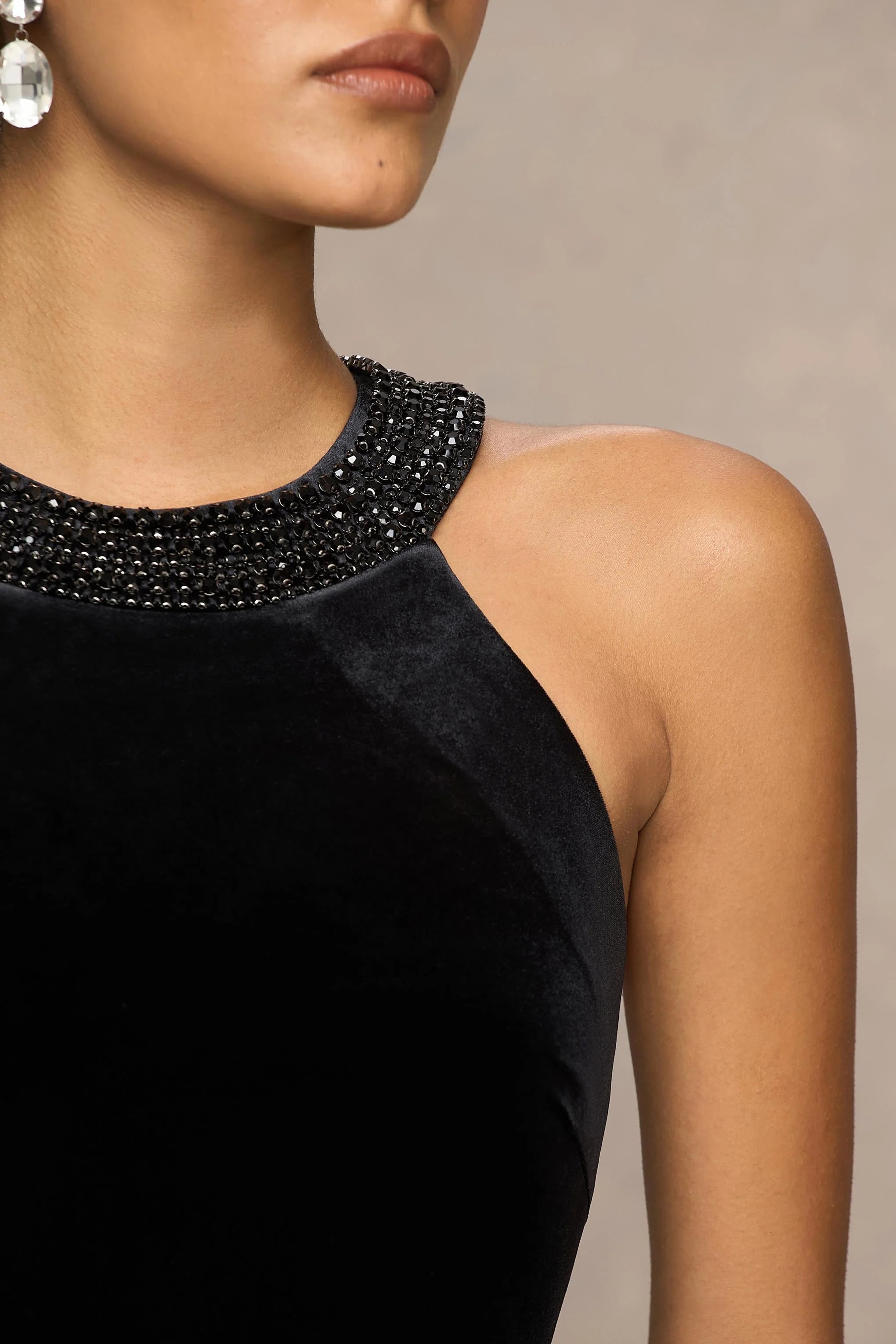 Darya | Black Velvet Embellished High-Neck Maxi Dress