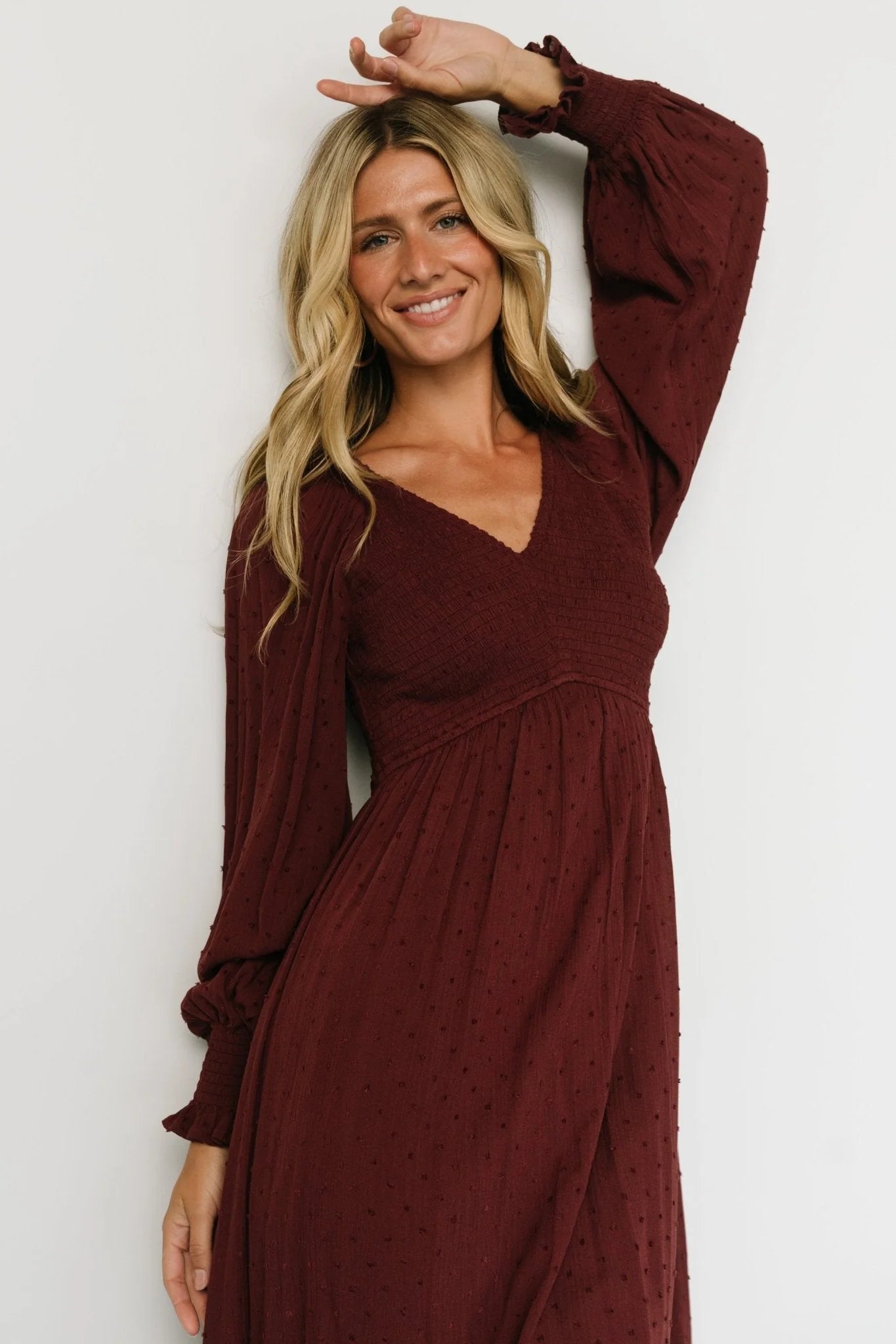 Lainey Smocked Dotted Midi Dress | Mulberry