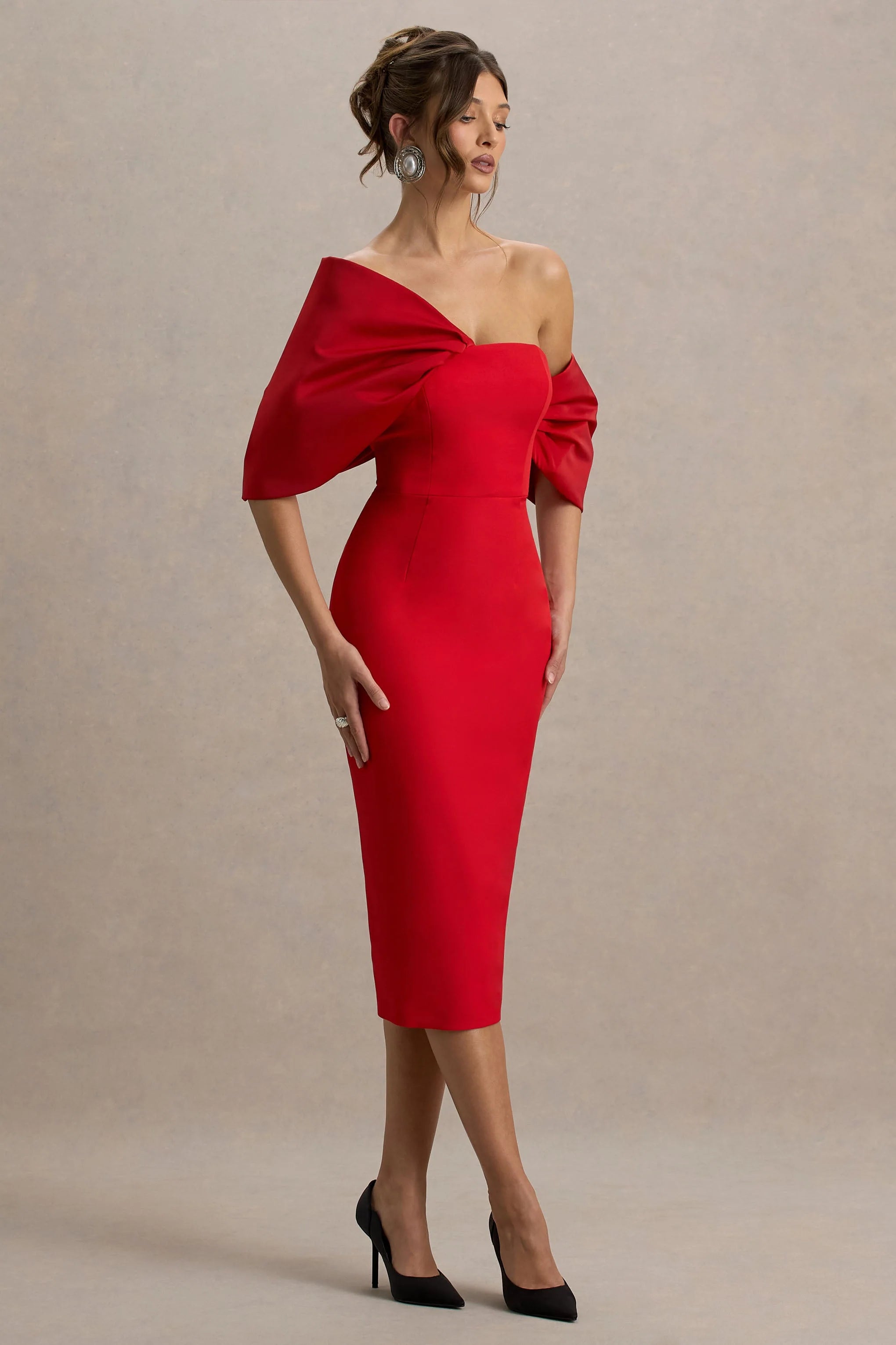 Lucille | Red Asymmetric Bardot Midi Dress With Bow Detail