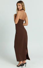 Salome Midi Dress Halter Neck Column Dress in Chocolate