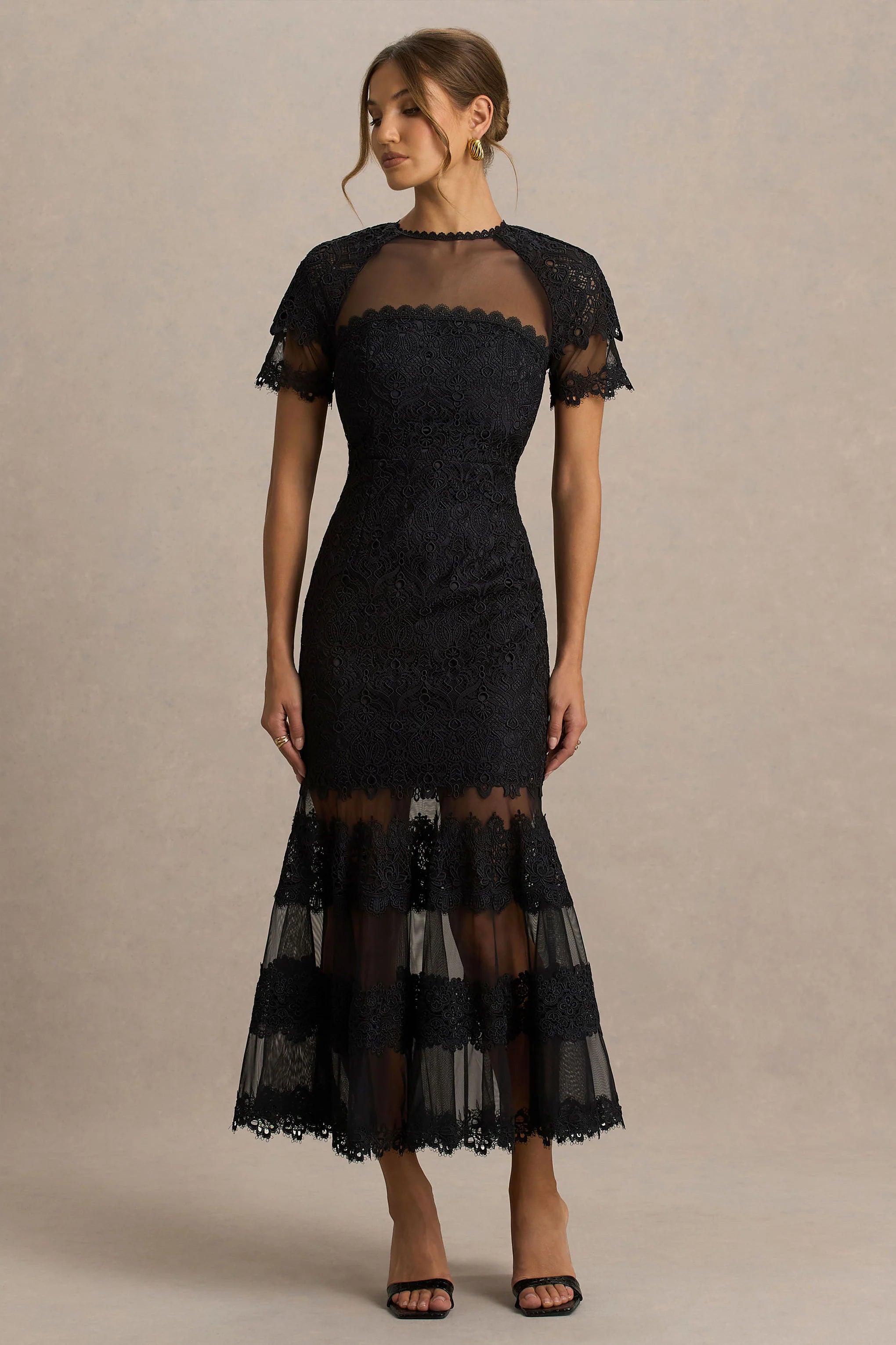 Leanne | Black Mesh And Lace Crew-Neck Fishtail Midi Dress