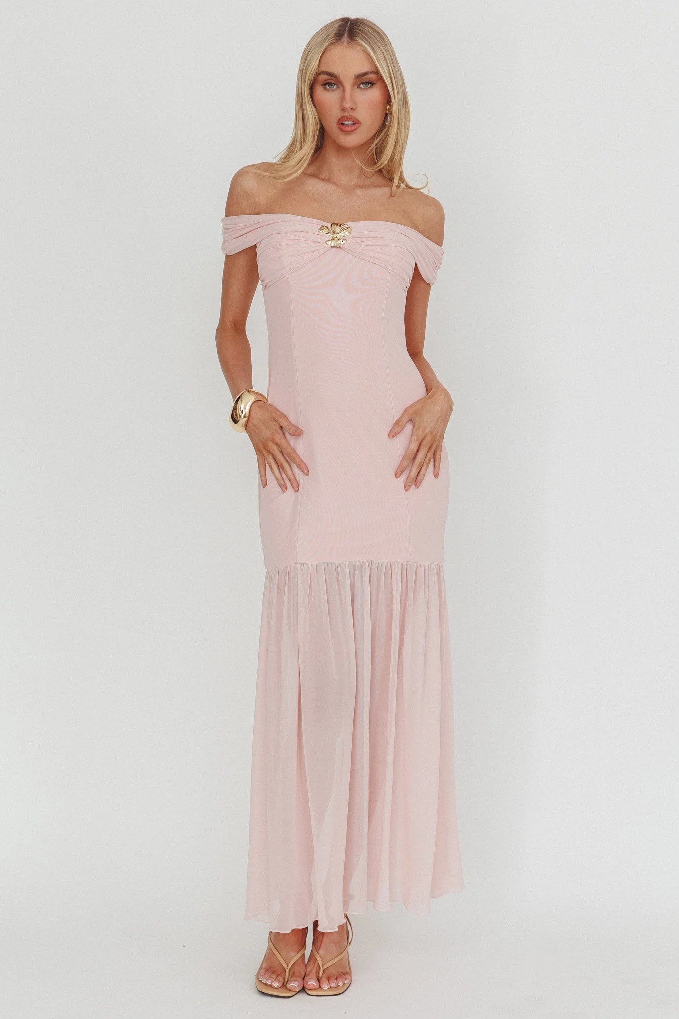 Wilma Off-Shoulder Sheer Hem Maxi Dress Pink