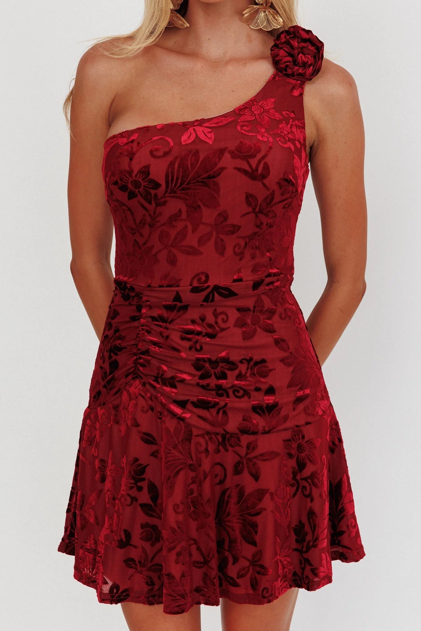 Midnight Aura One Shoulder Mini Dress Wine